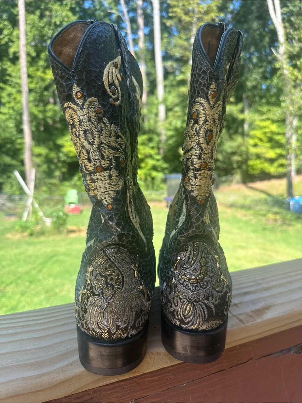 Black Embossed Leather Western Cowboy Boots with Gold Stitching